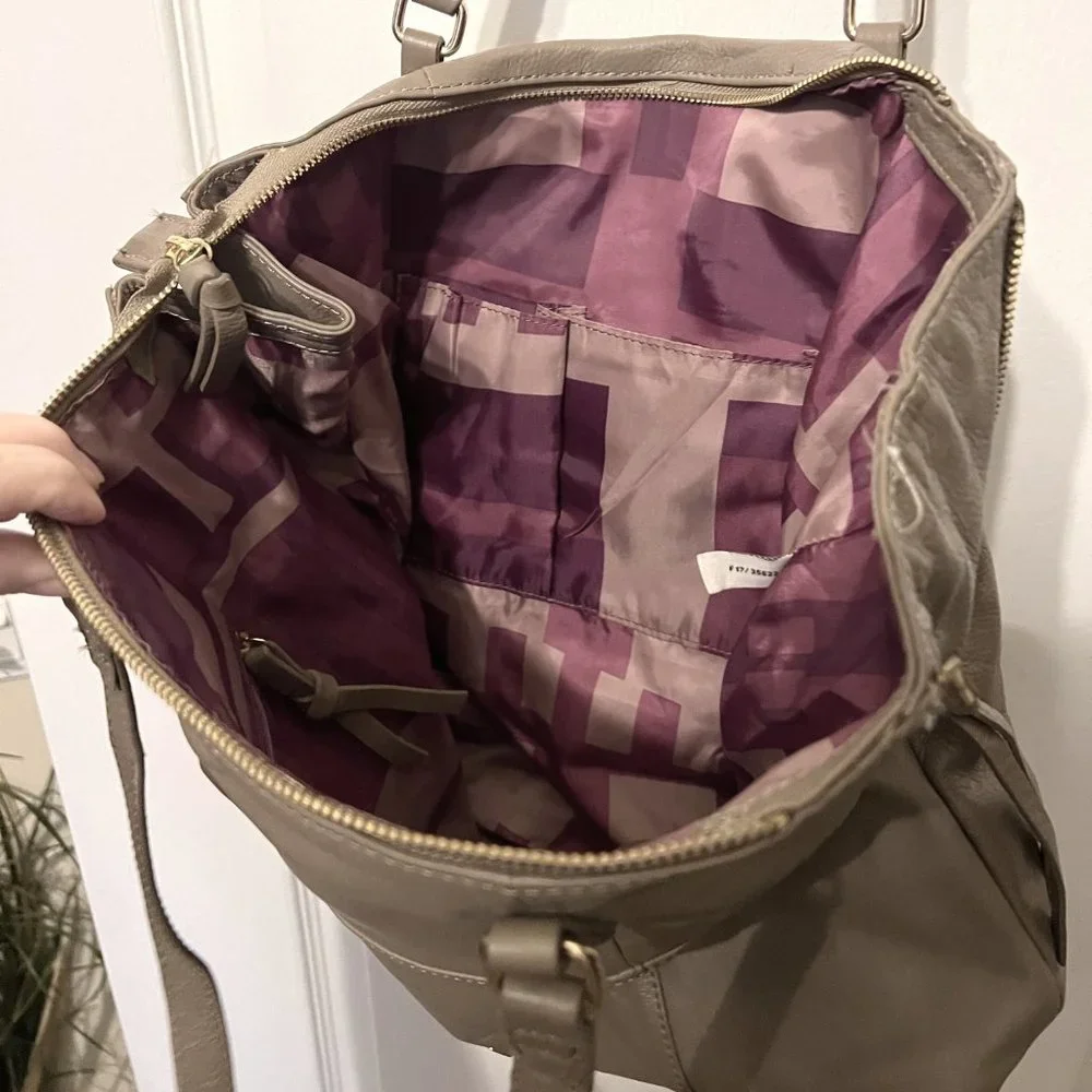 KOOBA Large Taupe Leather Purse-2 Straps-Soft-Gold-Purple Lining-Expands-Hobo